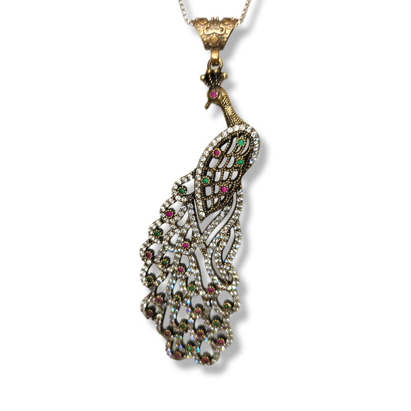 EMERALD RUBY ZIRCON PEACOCK PENDANT 925 18" - Picture 5 of 11